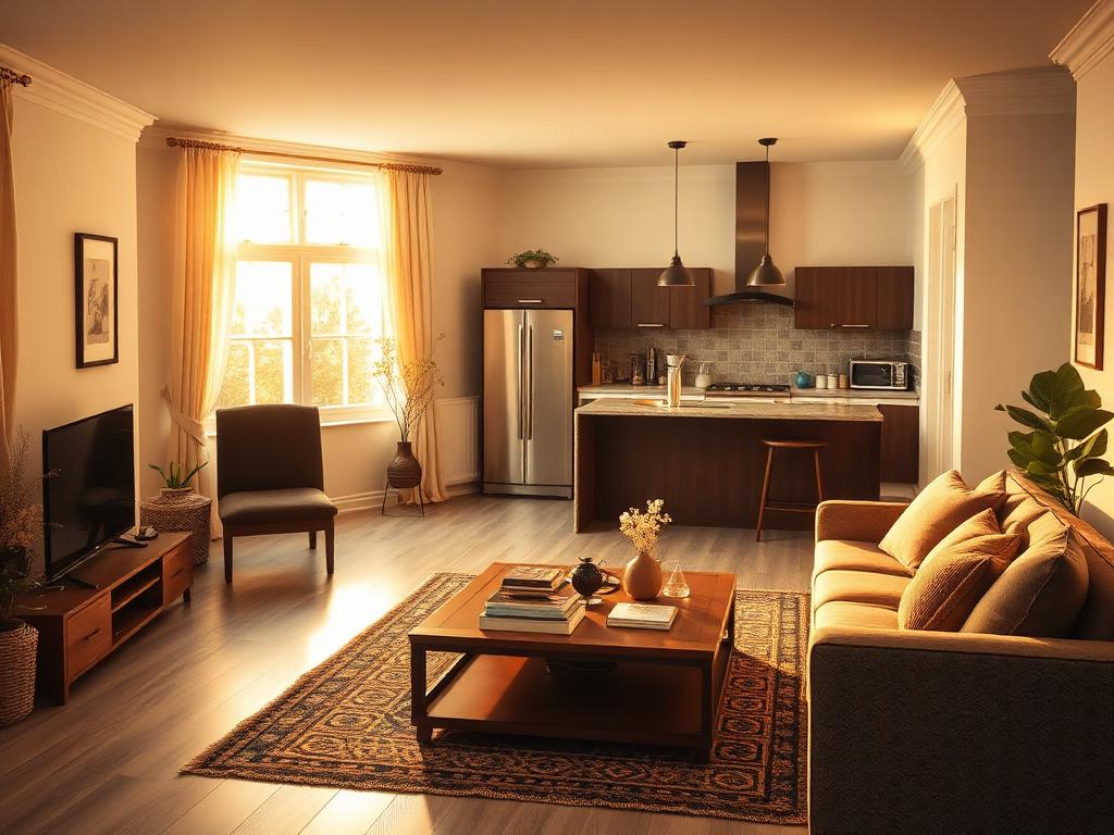 Salon et cuisine impeccables après un ménage à domicile